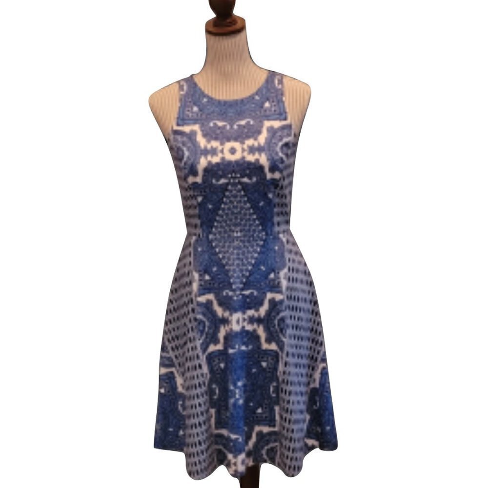 Cremieux Blue and White Patterned Dress Size 2